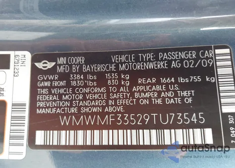 2009 Mini Cooper z USA, uszkodzony, nr VIN WMWMF33529TU73545